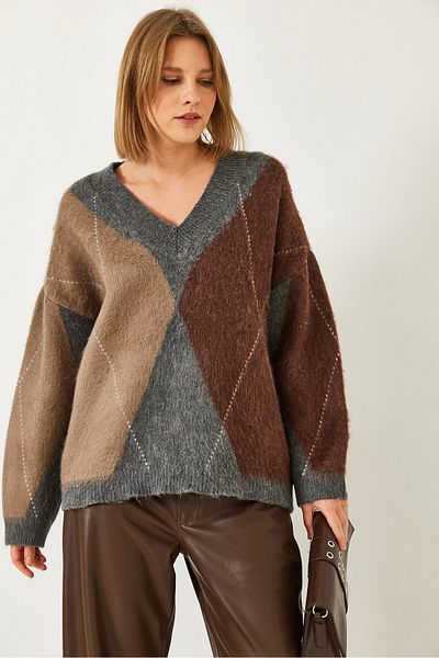 Bianco Lucci Pulover de damă cu decolteu în V cu model Argyle 241222 60261232