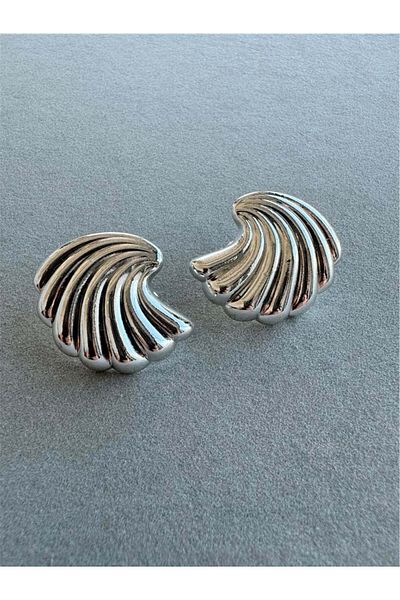 Pelin Aksesuar Silver Striped Curved Earrings