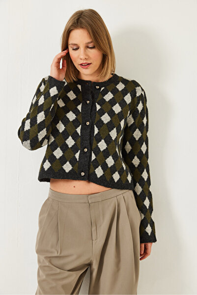 Bianco Lucci Women's 5-Button Diamond Patterned Knitwear Cardigan 241132 60261234