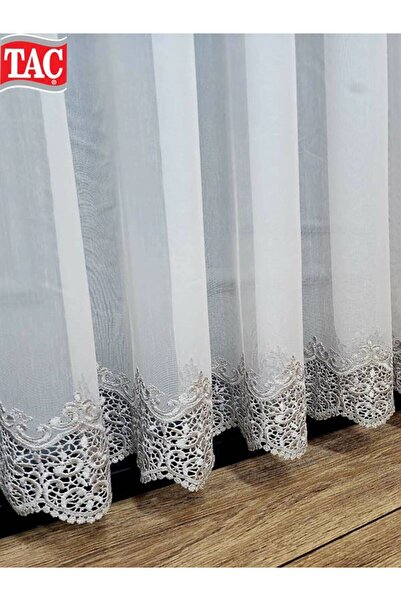 Taç Gray Silver Guipure Skirt Applique Ling 1/2 Layer Pleated Tulle Curtain