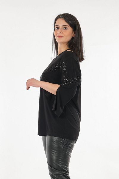 DE WHITES Μινιμαλιστική μπλούζα με παγιέτες De White's Oversize V-Neck 3/4 μανίκι