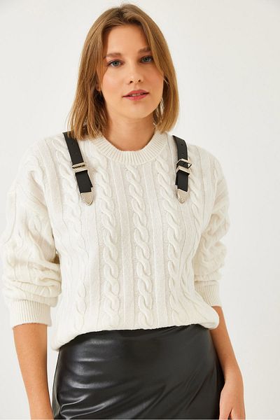 Bianco Lucci Women's Shoulder Belted Knitwear Sweater 241232 60261262