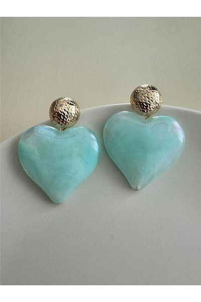 Pelin Aksesuar Mint Shiny Pearlescent Big Heart Design Earrings