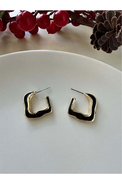 Pelin Aksesuar Black Cornered Hoop Earrings