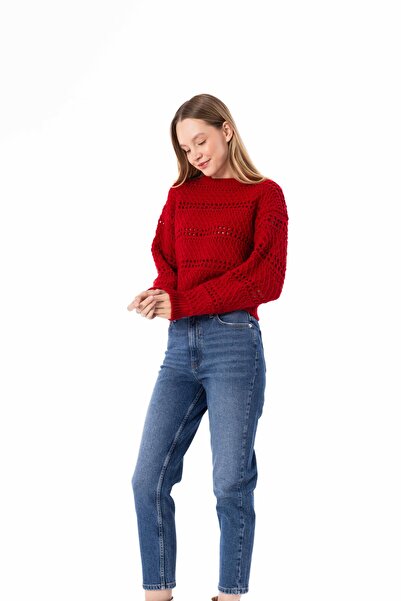 Dexia Glasgow - Ajur Desenli Uzun Kollu Triko Kazak - Kırmızı Renk