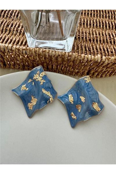 Pelin Aksesuar Blue Gold Gilded Wavy Square Earrings