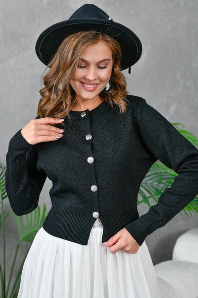 Arbucky Kadın Siyah Simli Düğme Detaylı Triko Hırka