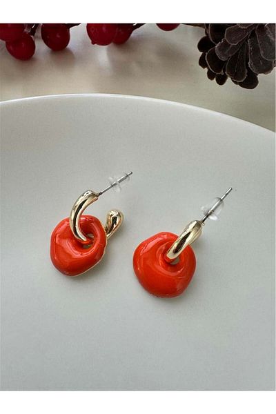 Pelin Aksesuar Orange Enamel Hoop Earrings