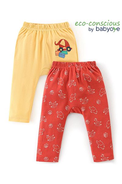Babyoye Babyoye 100% Cotton Eco Jiva Finish Full Length Diaper Leggings Elephant Print Pack of 2-Red& Yellow
