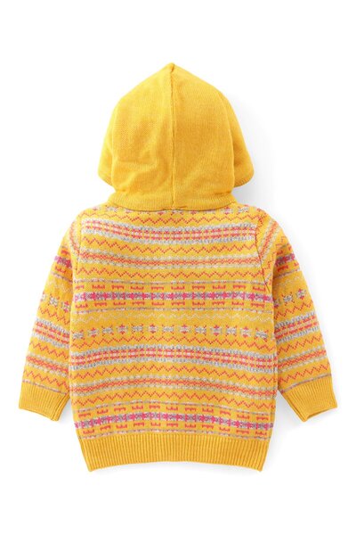 Babyhug Babyhug Knitted Full Sleeves Front Open Hooded Sweater Set With Aztec Design - Mustard