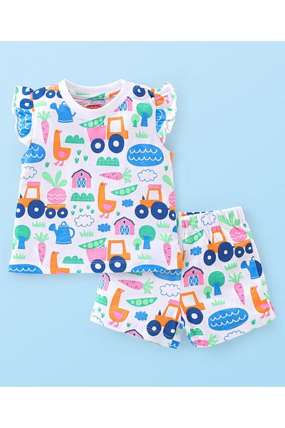 Babyhug بدلة نوم بيبي هاج جيرسيه مفردة بأكمام نصفية وطبعة سيارة - أبيض