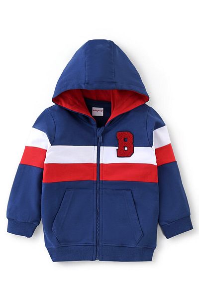 Babyhug Babyhug Cotton Knit Full Sleeves Hooded Sweat Jacket with Cut & Sew Design - Navy Blue