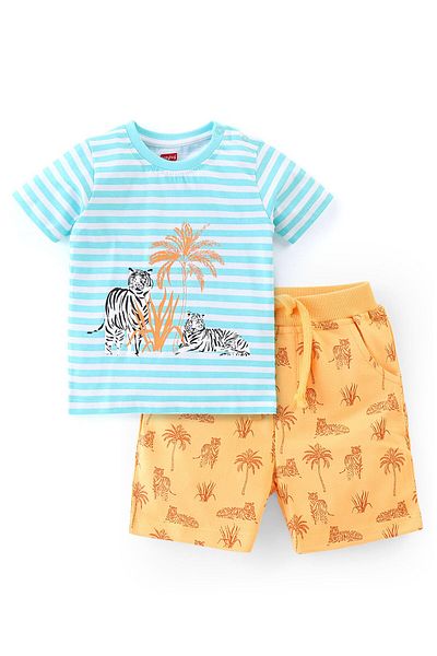 Babyhug Babyhug Cotton Knit Half Sleeves T-Shirt & Shorts With Tiger Print - Blue & Yellow