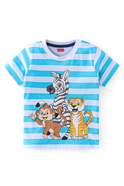 Babyhug Babyhug Cotton Knit Half Sleeves Striped T-Shirt & Shorts Set Zebra Print - Blue