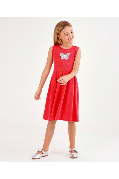 Primo Gino Primo Gino Sleeveless Waffle Frock With Iridescent And Rhinestone Treatment Butterfly Badge - Red