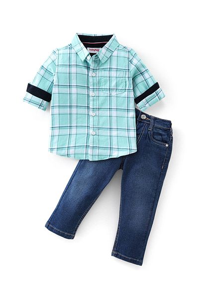 Babyhug Babyhug 100% Cotton Knit Full Sleeves Shirt & Jeans Checkered -  Blue