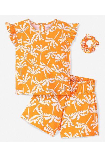 Ollington St. Ollington St. 100% Cotton Ruffle Sleeves Top & Shorts/Co/ord Set With Tropical Print - Orange