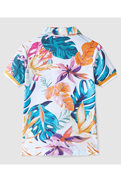 Ollington St. Ollington St. 100% Cotton Knit Half Sleeve Collared T-Shirt & Shorts/Co/ord Set Tropical Theme-White