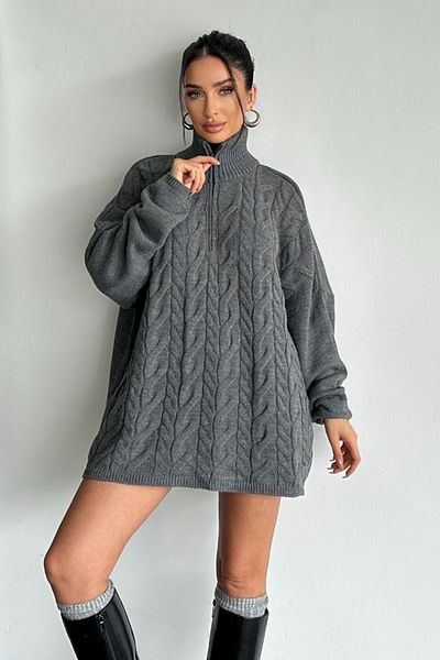 fehika Women's Gray Half Zippered Hair Knit Pattern Sweater