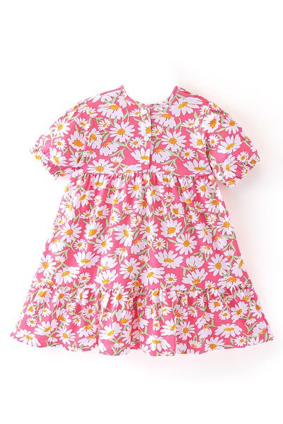 Babyhug Babyhug Cotton Knit Half Sleeves Floral Printed Frock With Floral Corsage - Pink