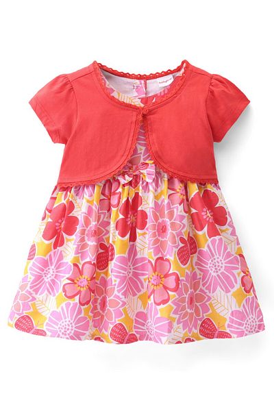 Babyhug Babyhug Poplin Half Sleeves Shrug with Frock - White & Pink