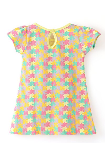 Babyhug Babyhug Cotton Knit Short Sleeves Frocks with Bow Jigsaw Print Pack of 2 - Multicolor