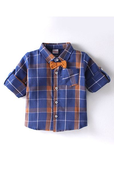 Babyhug Babyhug  Cotton Woven Full Sleeves Checks Shirt & Trouser Set with Bow & Suspender - Blue