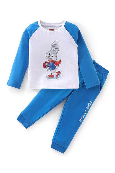 Babyhug Babyhug Cotton Single Jersey Full Sleeves T-Shirt and Lounge Pant Set Bunny Print - Blue