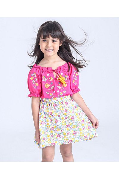 Babyhug Babyhug Half Sleeves Top & Skirt Set with Bow Floral Print - Pink