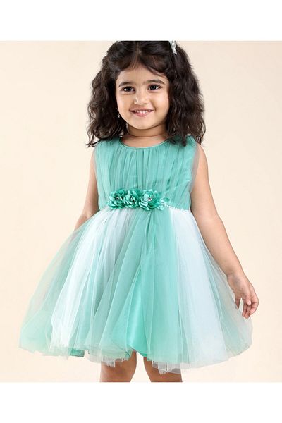 Babyhug Babyhug Sleeveless Mesh Party Frock with Floral Applique - Blue