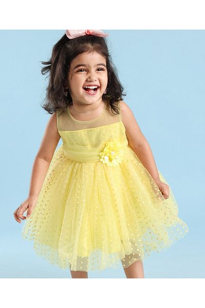 Babyhug Babyhug Sleeveless Polka Flock Print Party Frock with Floral Applique- Yellow