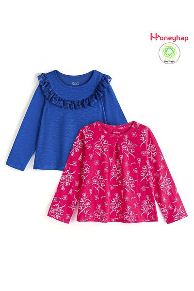 Honeyhap Honeyhap Premium Cotton Full Sleeves T-Shirts With Bio Wash Printed Pack Of 2 - Pink & Royal Blue