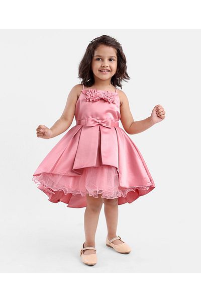 Babyhug Babyhug Sleeveless Satin Party Frock With Flower Corsage - Dusty Pink