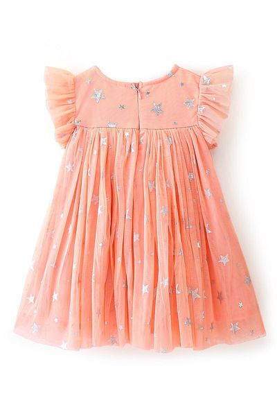Babyhug Babyhug Sleeveless Party Frock Foil Star Print & Sequine Detailing - Coral