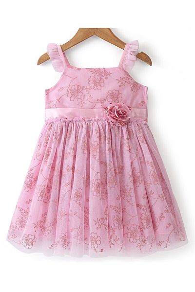 Babyhug Babyhug Sleeveless Floral Glitter Printed Party & Applique Frock - Pink