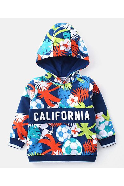 Babyhug Babyhug Cotton Knit Full Sleeves Hooded Sweatshirt with Tropical Theme & Text Puff Print - Navy Blue