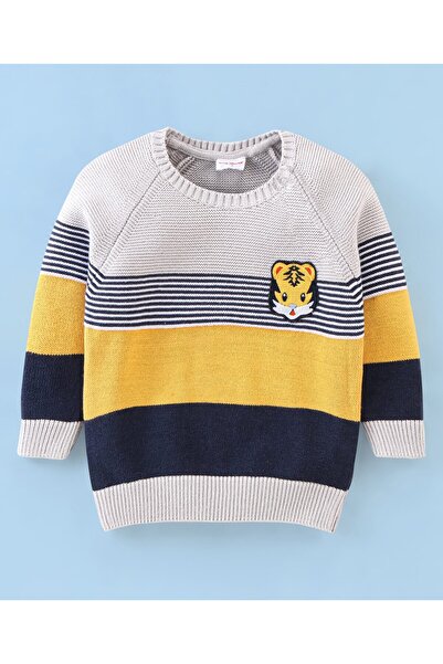Babyhug Babyhug Knit Full Sleeves Sweater Stripes Design With Tiger Patch- White Yellow & Blue