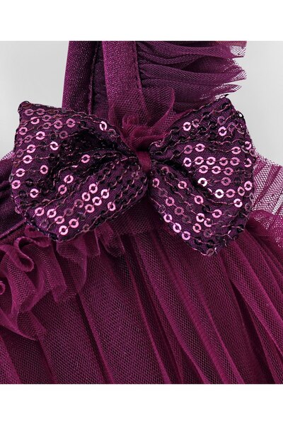 Babyhug Babyhug Sleeveless A Line Mesh Party Frock With Bow Applique - Aubergine