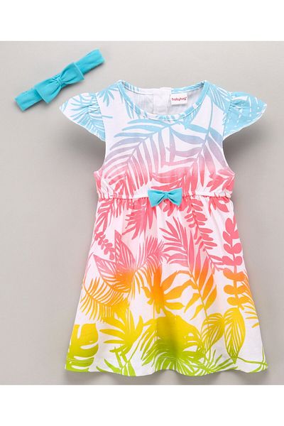 Babyhug Babyhug Cap Sleeves Frock with Bow Leaf Print- Multicolor