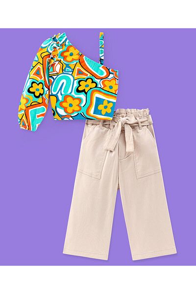 Ollington St. Ollington St. Cotton Knit Full Sleeve Floral Printed One Shoulder Top& Woven Culottes Set-Multicolor