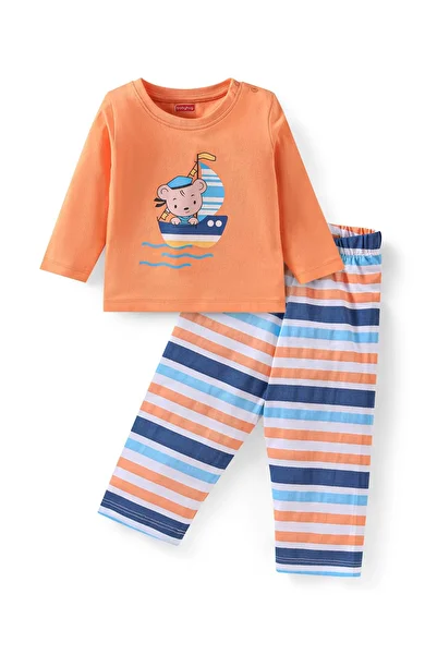 Babyhug Babyhug Cotton Knit Full Sleeves Striped & Bear Printed Night Suit - Orange