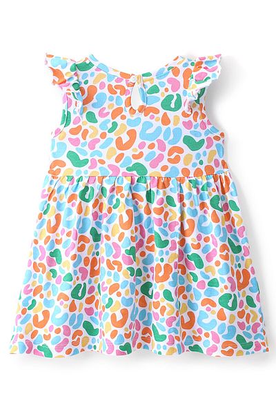 Babyhug Babyhug Cotton Knit Half Sleeves Frock with Bow Applique & Abstract Print - White