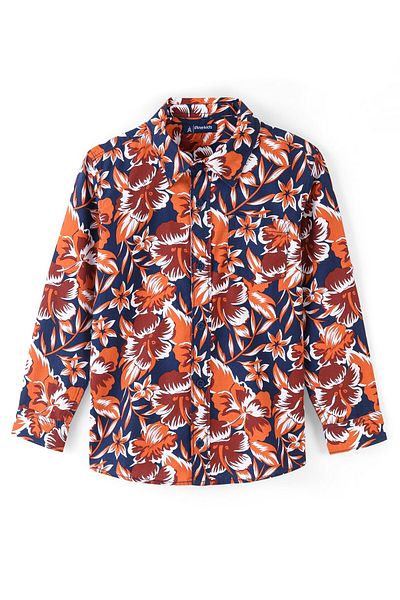 Pine kids Pine Kids 100% Cotton Full Sleeves Floral Print Shirt with Sleeves Turn Up - Multicolor