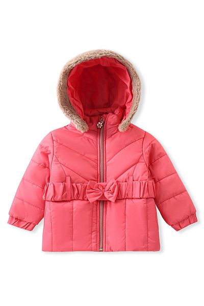 Babyhug Babyhug Full Sleeves Front Open Padded Hoodie with Bow Detailing & Waist Belt - Pink
