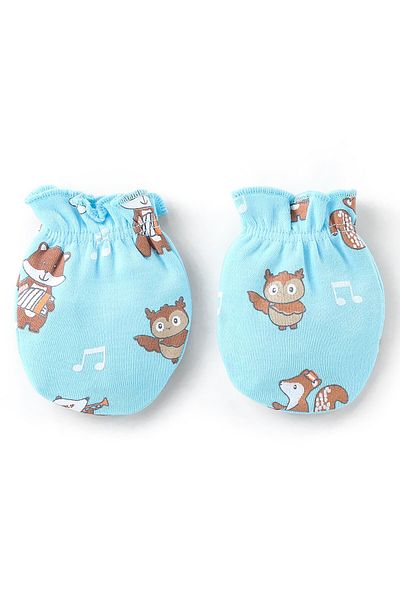 Babyhug Babyhug 100% Cotton Knit Mittens & Booties Set Owl Print - Blue