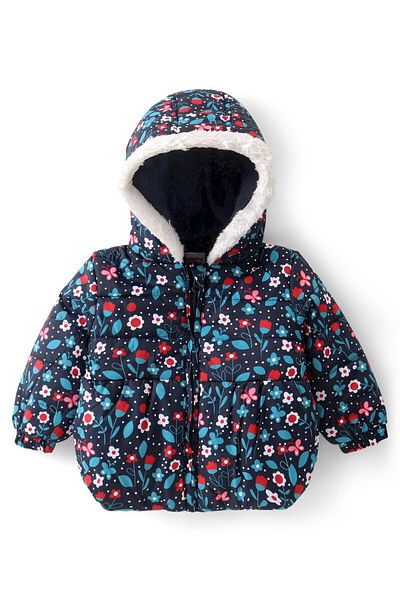 Babyhug Babyhug Woven Full Sleeves Hooded Puffer Winter Wear Suit With Floral Print - Blue