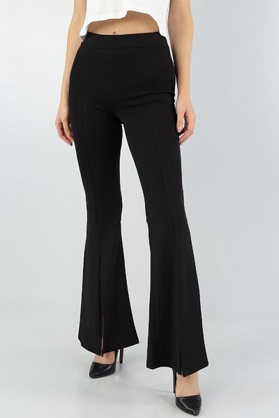 bysevensail Bss Women's Black Stretch Fabric Spanish Cut Slit Leg Detailed Leggings