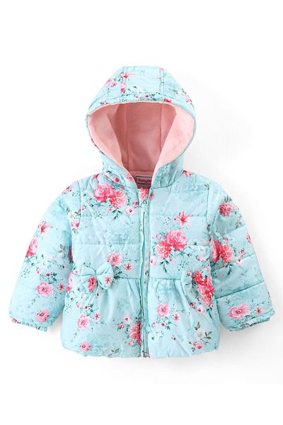 Babyhug Babyhug Full Sleeves Hooded Jacket with Floral Design - Aqua Blue