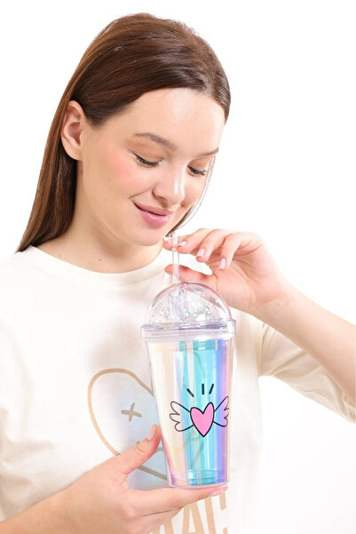 LEON LİFE Led Lighted Heart Themed Figured Glass with Straw, Mica and 450 ml