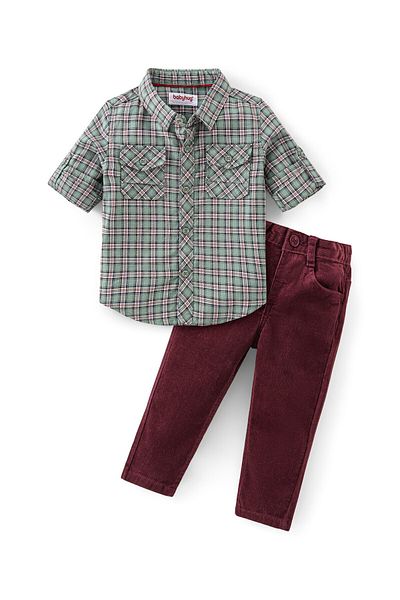 Babyhug Babyhug Cotton Woven Full Sleeves Checkered Shirt & Pant Set - Blue & Maroon